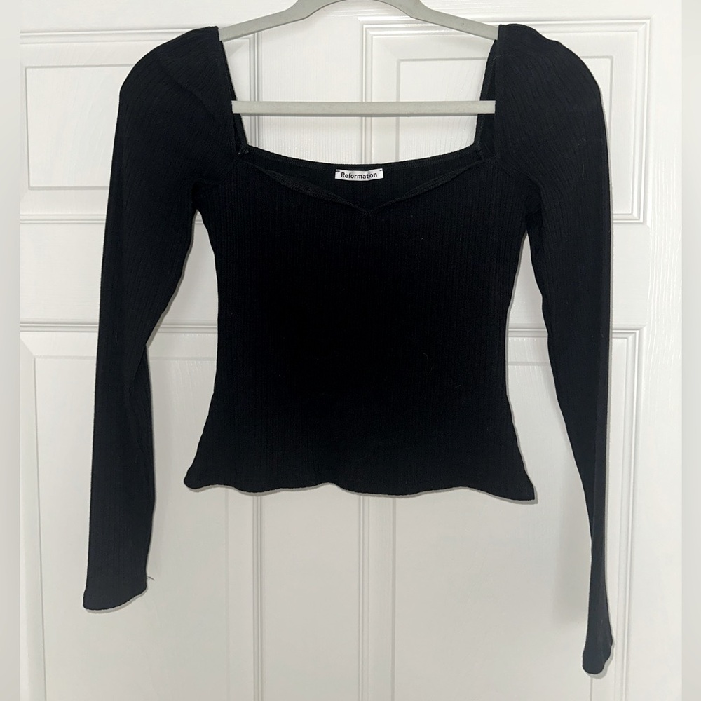 Reformation Black Ribbed Long Sleeve Blouse